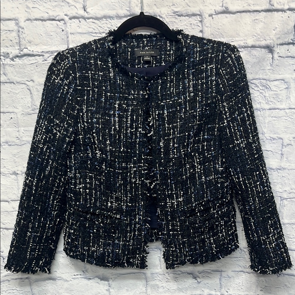 Ann Taylor Black & White Tweed Fringed Collar Blazer